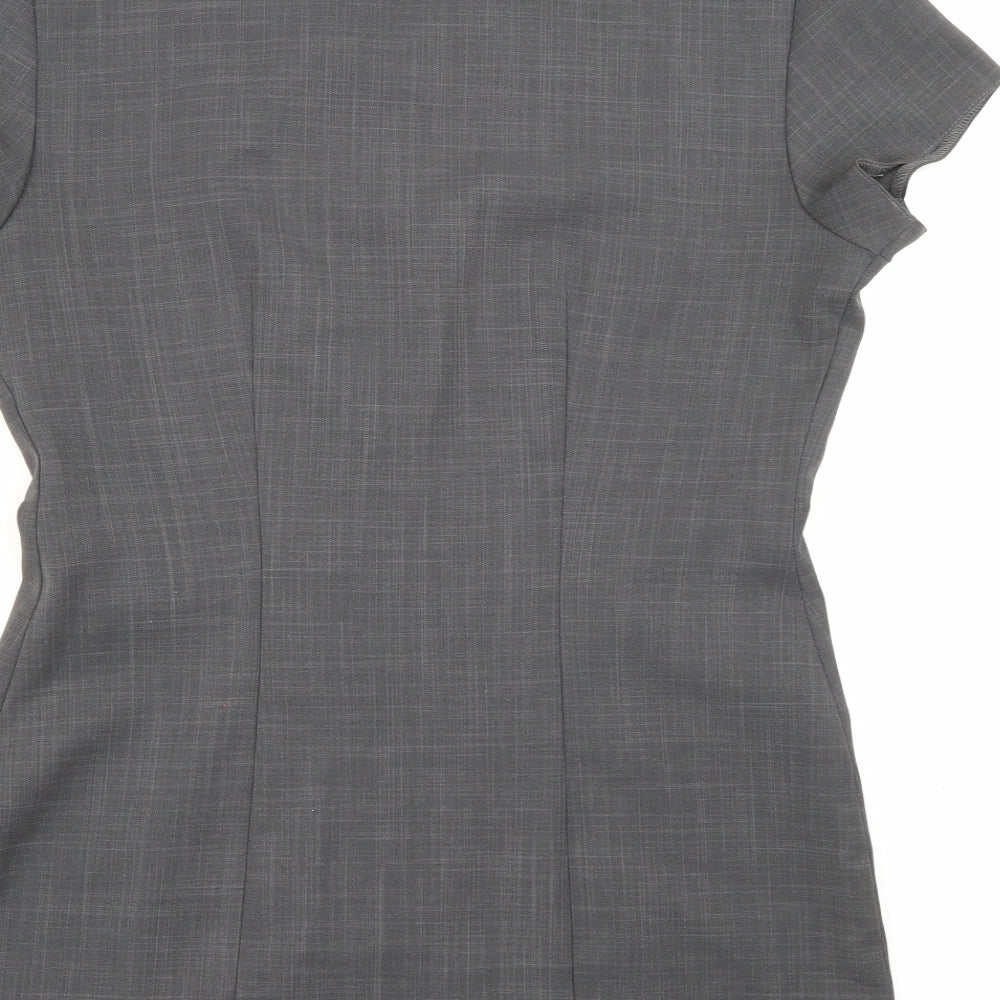 Brand and care label for Florenceroby women’s grey polyester basic button-up, size UK 8, square neck