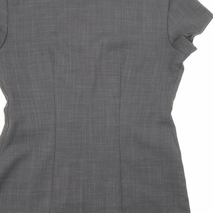 Brand and care label for Florenceroby women’s grey polyester basic button-up, size UK 8, square neck