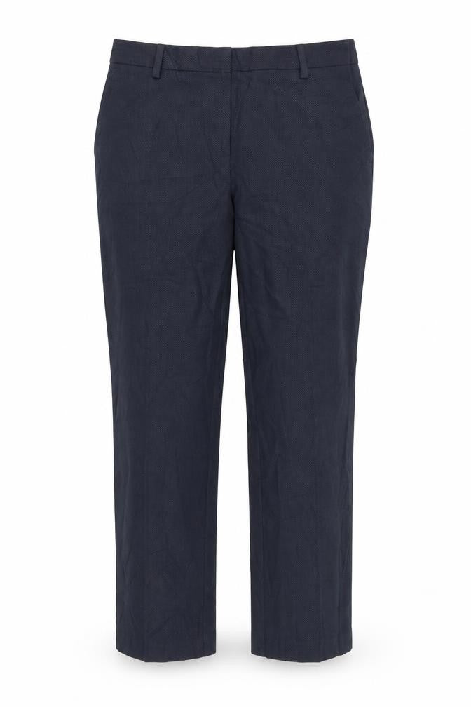 Front view of Marks & Spencer women’s blue polyester carrot trousers, size UK 12, 28-inch leg regular zip