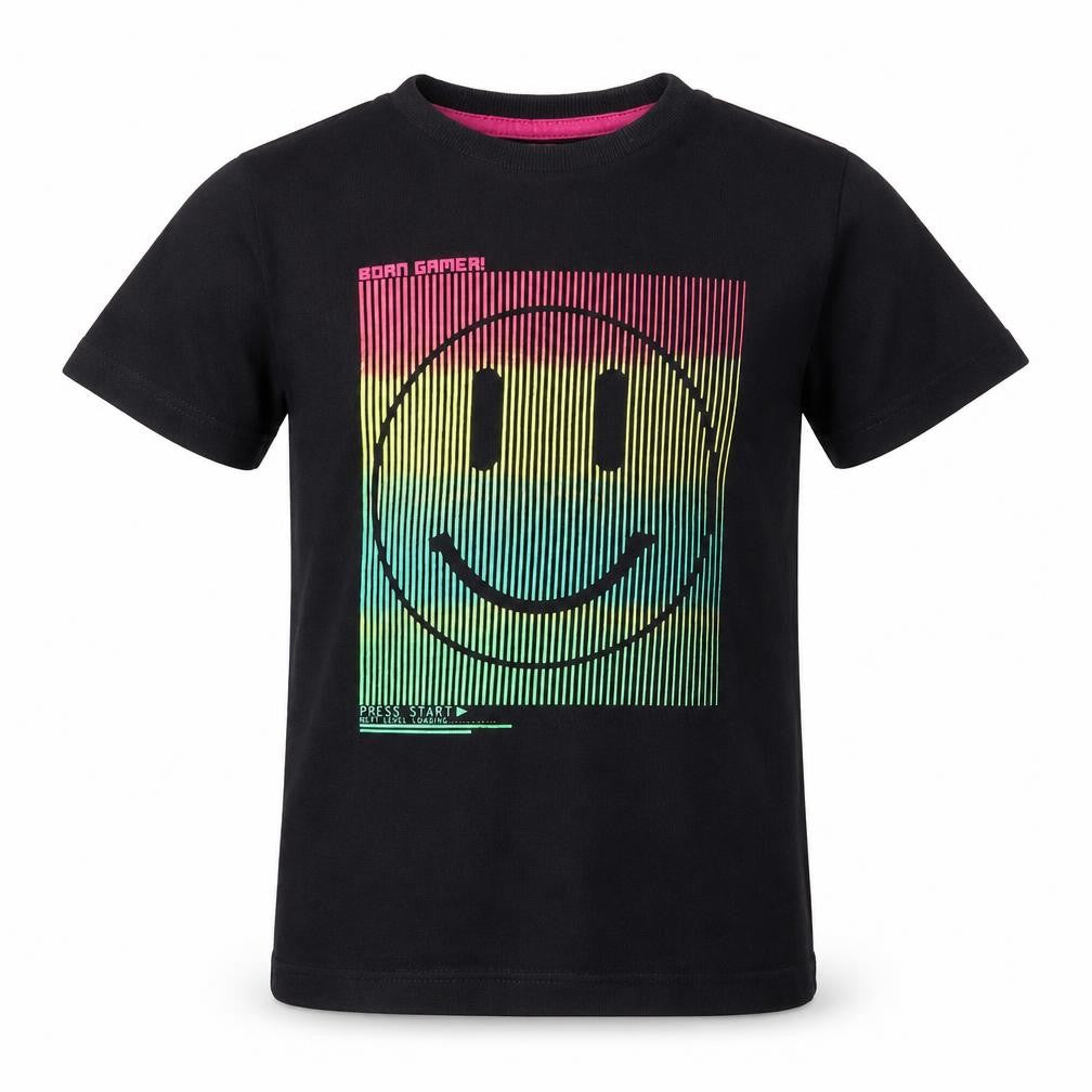 Front view of URBN DEPT boys’ black 100% cotton basic t-shirt, size 8, years round neck
