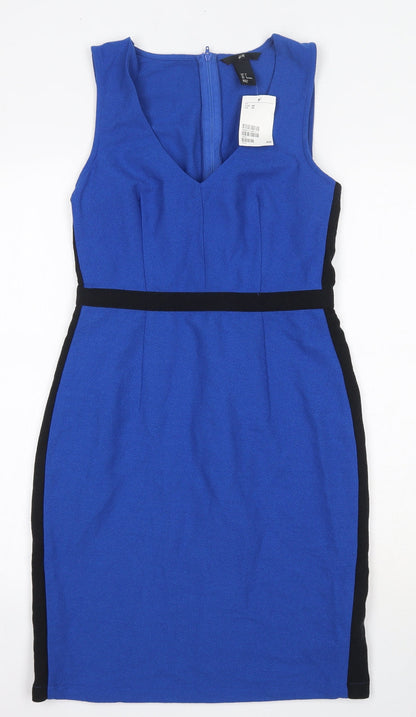 H&M Womens Blue  Polyester Bodycon  Size 10  V-Neck Zip