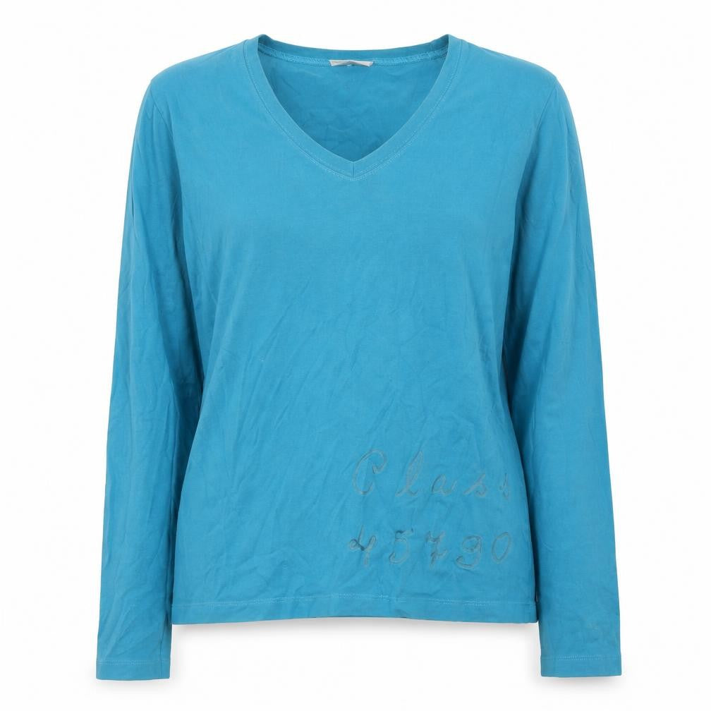 Front view of Murphy & Nye women’s blue cotton jersey t-shirt, size L, v-neck