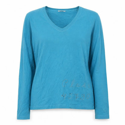 Front view of Murphy & Nye women’s blue cotton jersey t-shirt, size L, v-neck