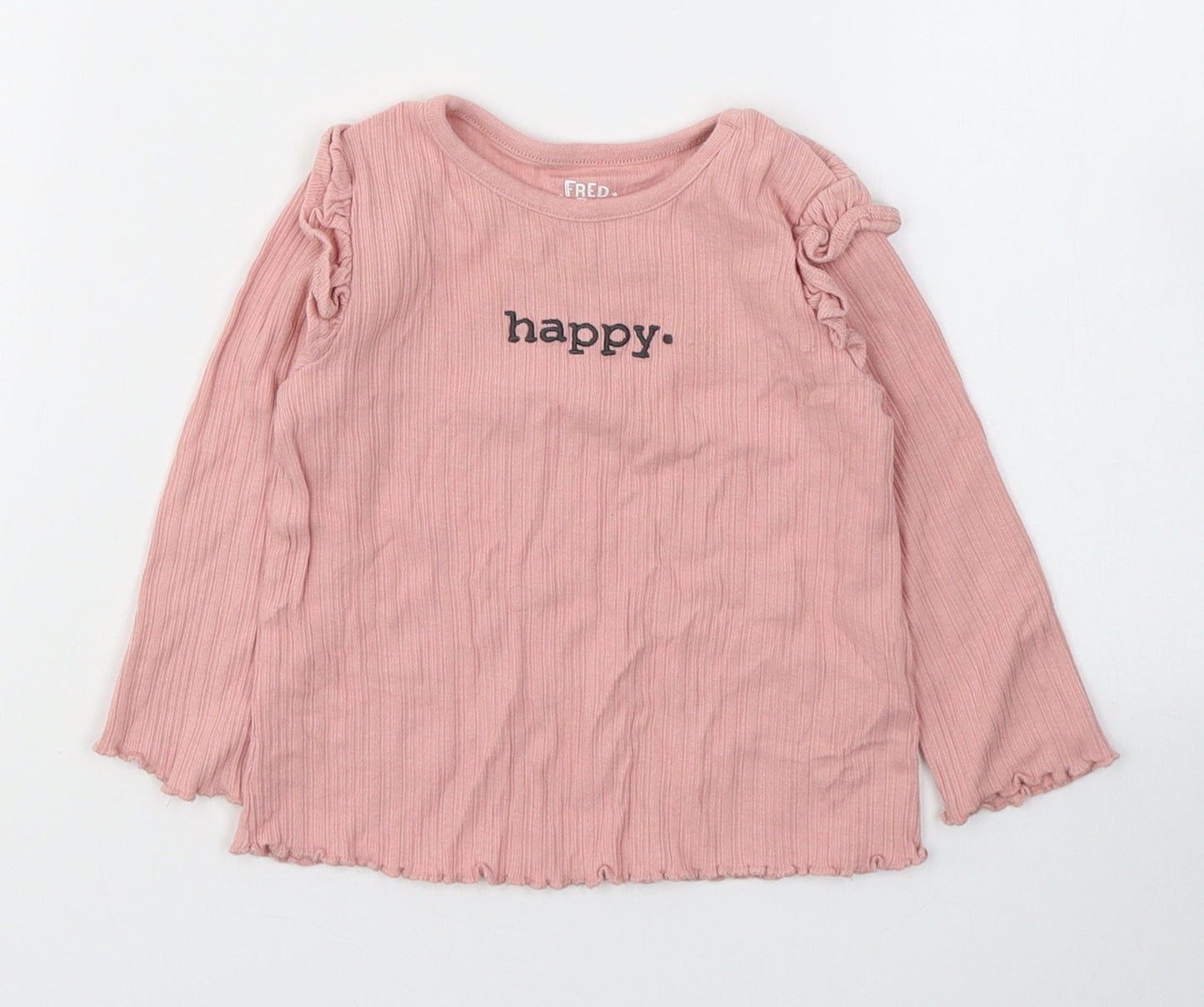Fred&Flo Girls Pink  Cotton Basic Casual Size 6-9 Months Round Neck Pullover - Happy