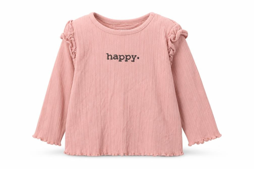 Front view of F&F girls’ pink cotton basic casual, size 6-9, months round neck pullover - happy
