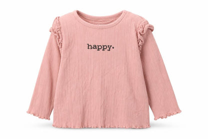 Front view of F&F girls’ pink cotton basic casual, size 6-9, months round neck pullover - happy