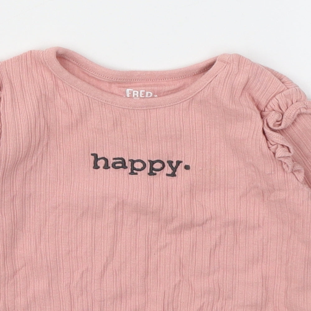 Fred&Flo Girls Pink  Cotton Basic Casual Size 6-9 Months Round Neck Pullover - Happy