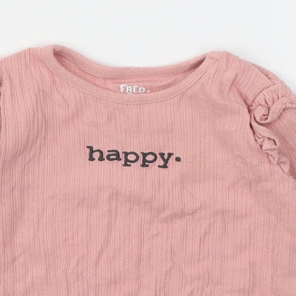 Fred&Flo Girls Pink  Cotton Basic Casual Size 6-9 Months Round Neck Pullover - Happy