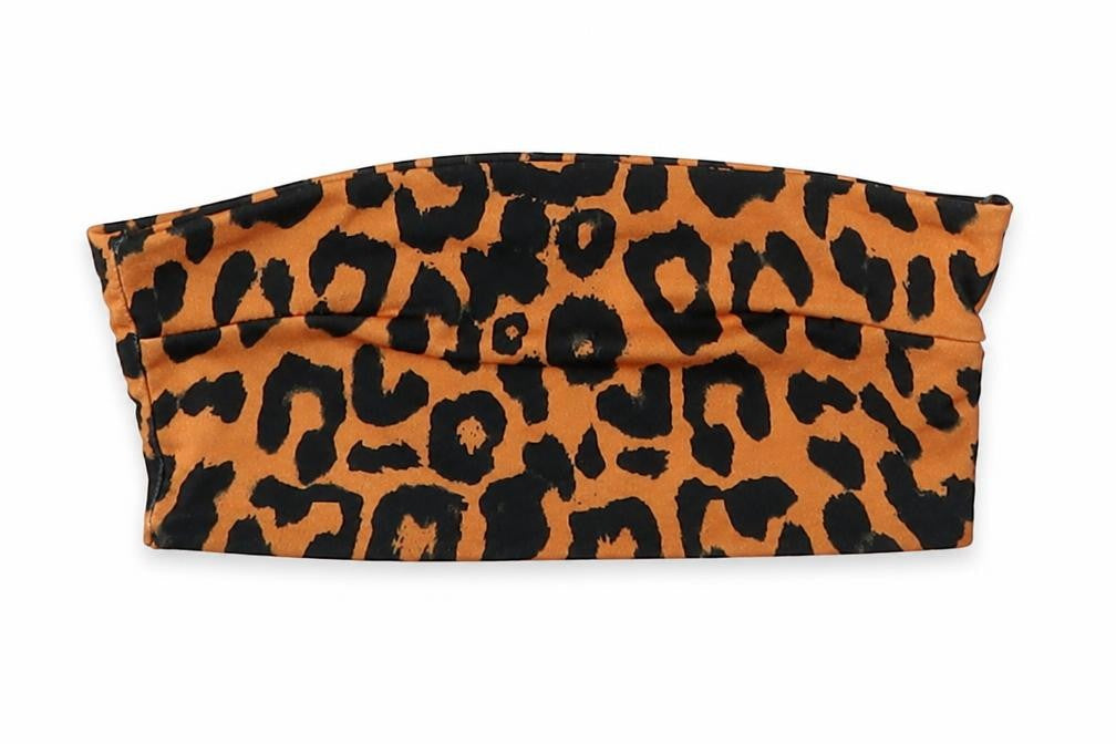 Front view of PRETTYLITTLETHING women’s orange animal print polyester cropped t-shirt, size UK 4, off the shoulder