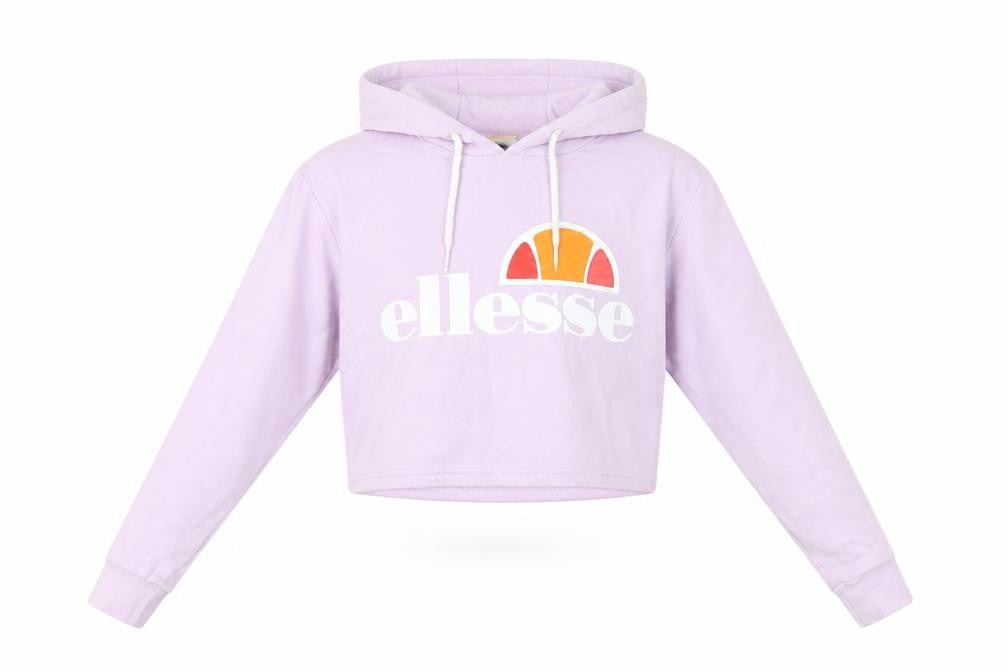 Front view of Ellesse women’s purple cotton pullover hoodie, size UK 8, pullover - cropped