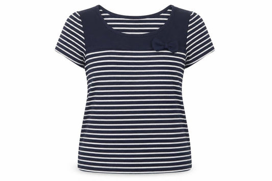 Front view of Arista women’s blue striped polyester basic t-shirt, size UK 14, boat neck
