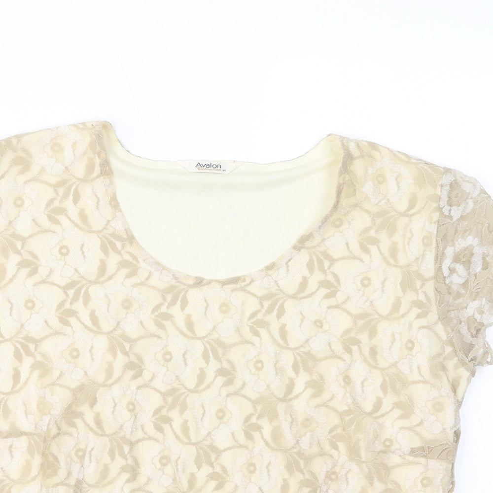 Close-up detail of Avalon women’s beige polyester basic blouse, size UK 14, scoop neck