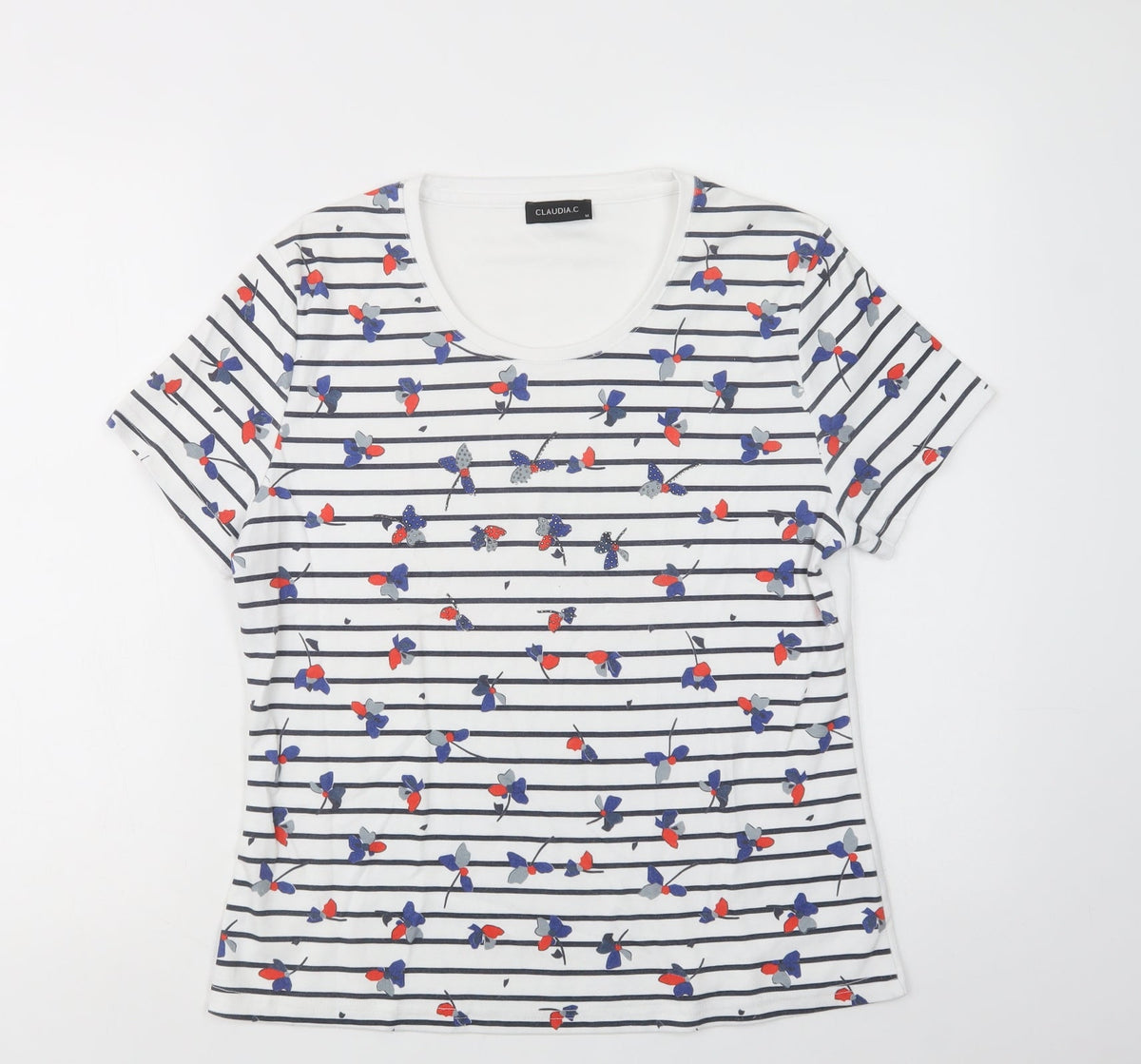 Additional front view of Claudia C. women’s white floral polyester basic t-shirt, size M, scoop neck