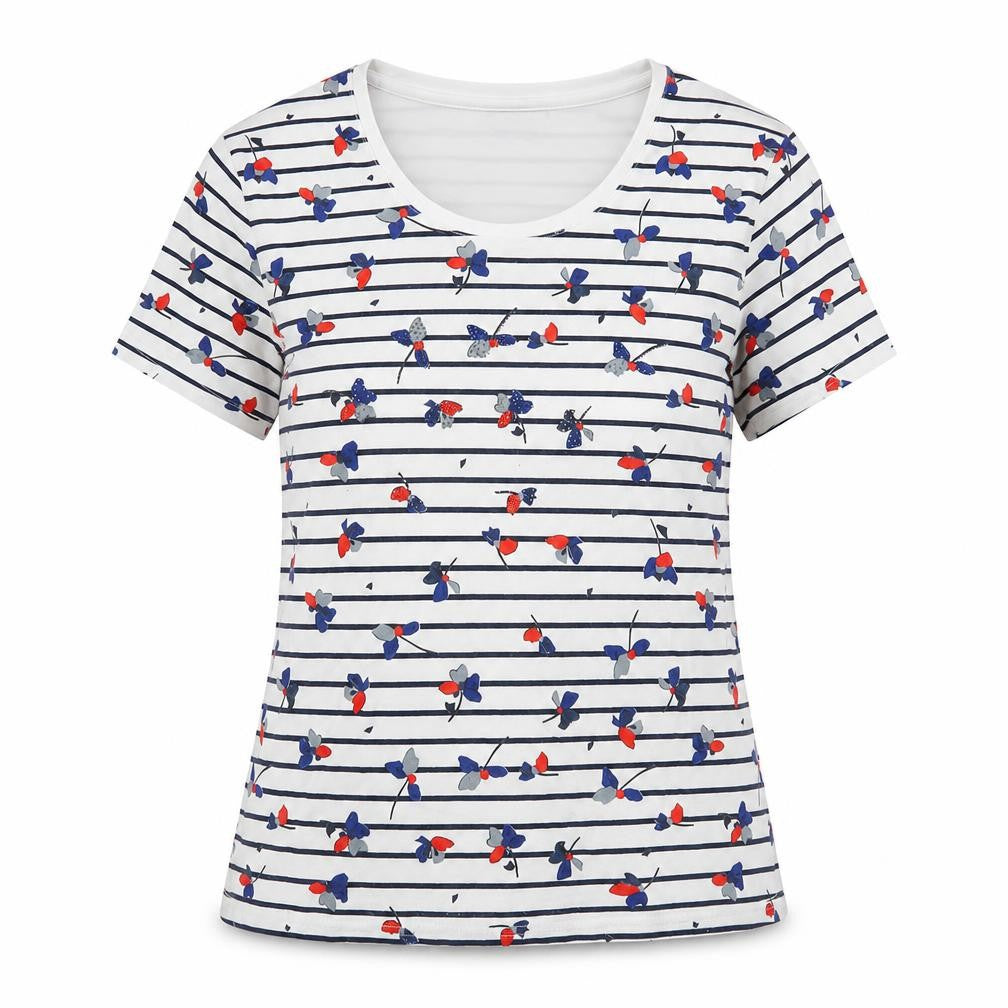 Front view of Claudia C. women’s white floral polyester basic t-shirt, size M, scoop neck