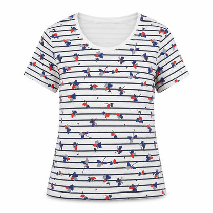 Front view of Claudia C. women’s white floral polyester basic t-shirt, size M, scoop neck