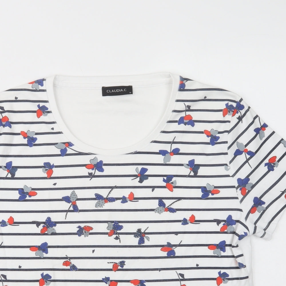 Close-up detail of Claudia C. women’s white floral polyester basic t-shirt, size M, scoop neck