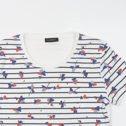 Close-up detail of Claudia C. women’s white floral polyester basic t-shirt, size M, scoop neck