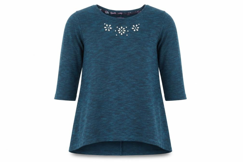 Front view of F&F girls’ green crew neck polyester tunic jumper, size 8-9, years pullover - embellished