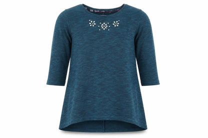 Front view of F&F girls’ green crew neck polyester tunic jumper, size 8-9, years pullover - embellished