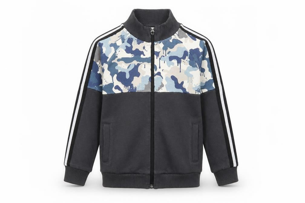 Front view of Next boys’ black camouflage cotton full zip sweatshirt, size 5, years zip