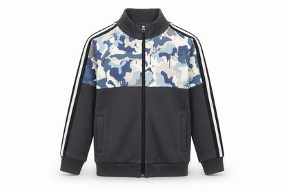 Front view of Next boys’ black camouflage cotton full zip sweatshirt, size 5, years zip