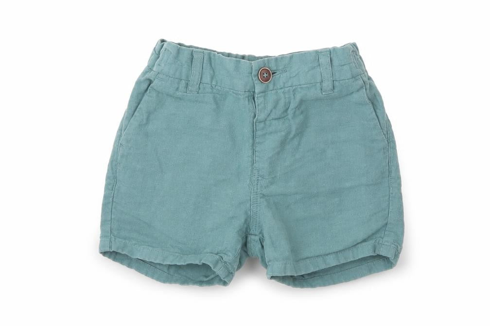 Front view of Next Baby Green Linen Cropped Trousers, size 12-18, Months Button