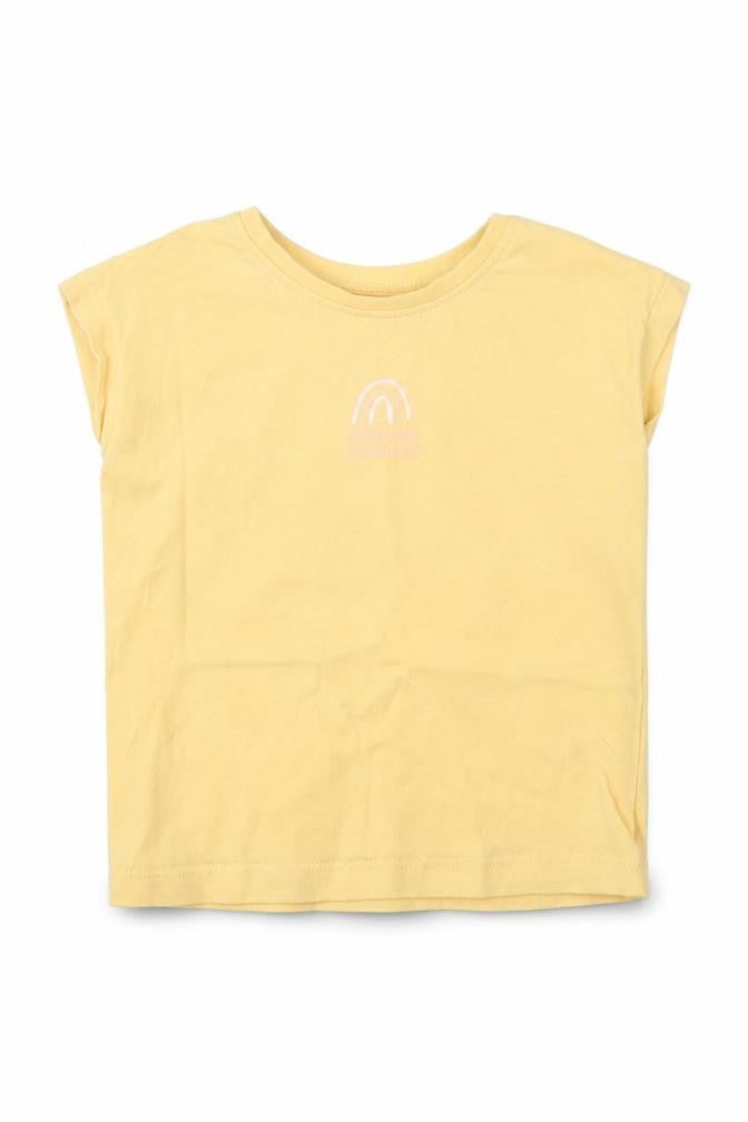 Front view of George Baby Yellow Cotton Basic T-Shirt, size 9-12, Months Crew Neck Pullover - Rainbows And |Smiles