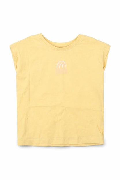 Front view of George Baby Yellow Cotton Basic T-Shirt, size 9-12, Months Crew Neck Pullover - Rainbows And |Smiles