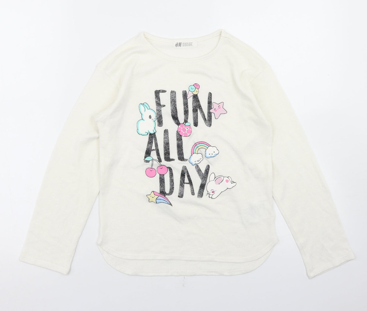 H&M Girls White  Polyester Basic T-Shirt Size 9-10 Years Round Neck  - Fun All Day