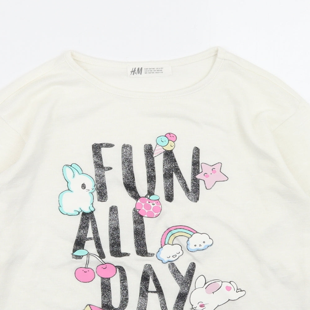 H&M Girls White  Polyester Basic T-Shirt Size 9-10 Years Round Neck  - Fun All Day
