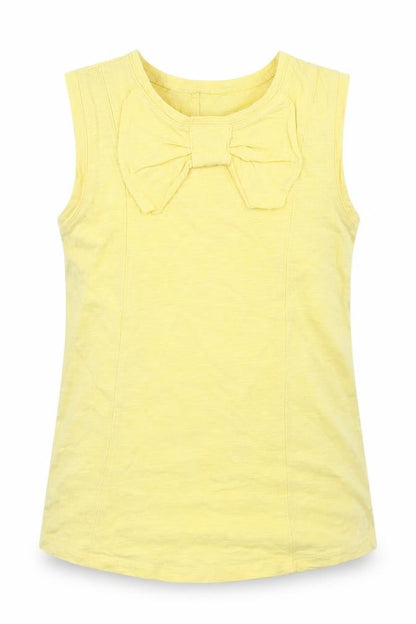Front view of Dunnes girls’ yellow cotton basic tank, size 9, years round neck