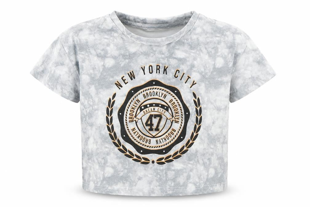 Front view of George girls’ grey cotton cropped t-shirt, size 5-6, years crew neck - tie dy, new york