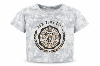 Front view of George girls’ grey cotton cropped t-shirt, size 5-6, years crew neck - tie dy, new york