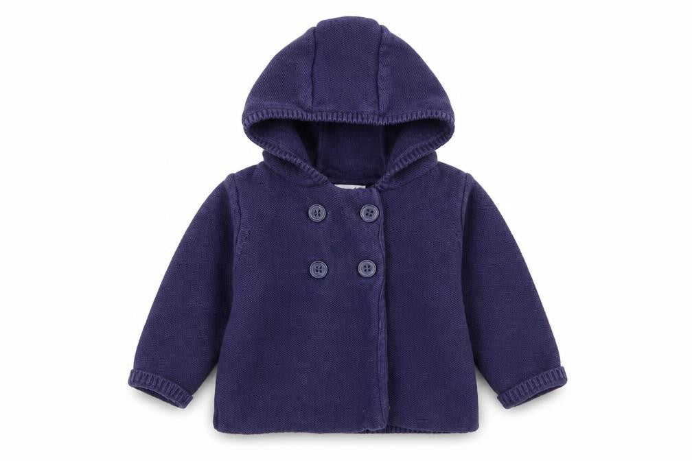 Front view of Mini Club girls’ blue cotton cardigan jumper, size 6-9, months button