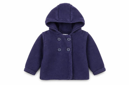 Front view of Mini Club girls’ blue cotton cardigan jumper, size 6-9, months button