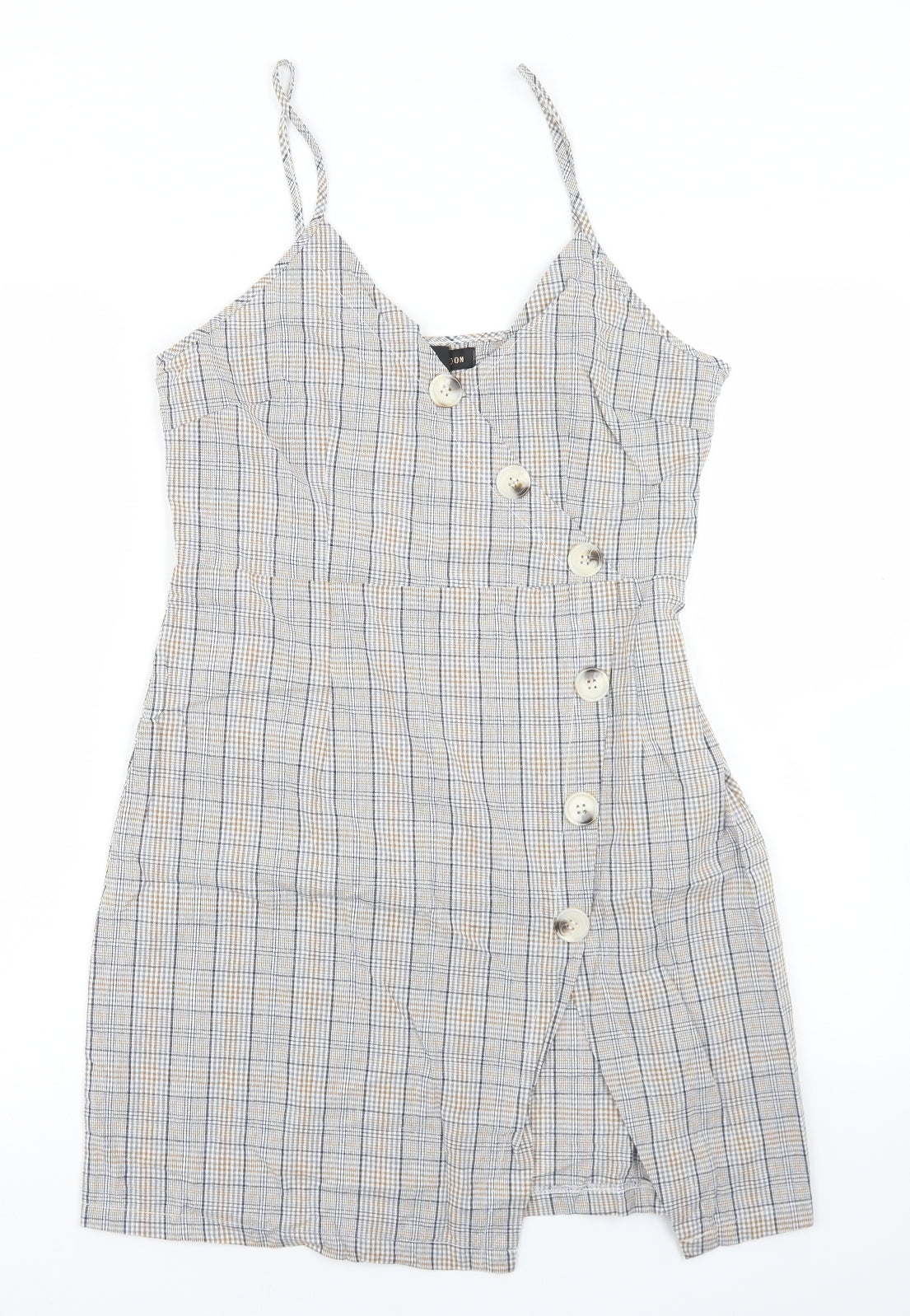 QED London Womens Beige Plaid Cotton Pencil Dress  Size 12  V-Neck Zip