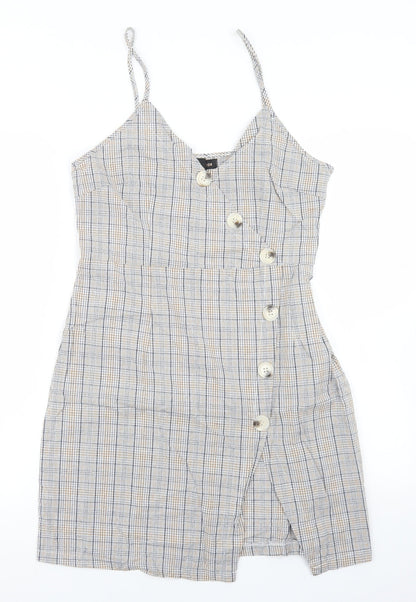 QED London Womens Beige Plaid Cotton Pencil Dress  Size 12  V-Neck Zip