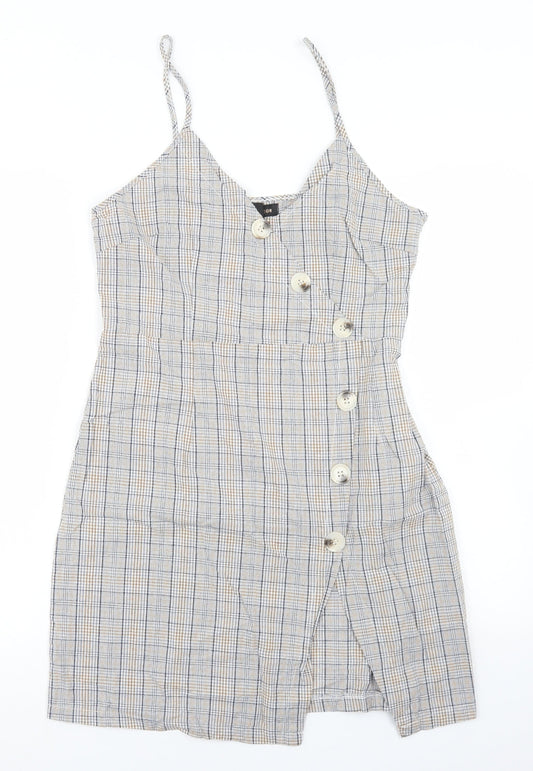 QED London Womens Beige Plaid Cotton Pencil Dress  Size 12  V-Neck Zip