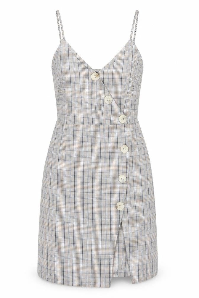 Front view of QED London women’s beige plaid cotton pencil dress, size UK 12, v-neck zip