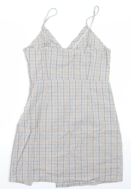 QED London Womens Beige Plaid Cotton Pencil Dress  Size 12  V-Neck Zip