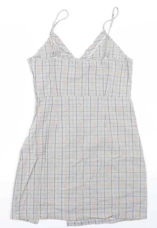 QED London Womens Beige Plaid Cotton Pencil Dress  Size 12  V-Neck Zip