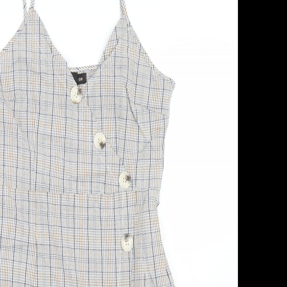 QED London Womens Beige Plaid Cotton Pencil Dress  Size 12  V-Neck Zip