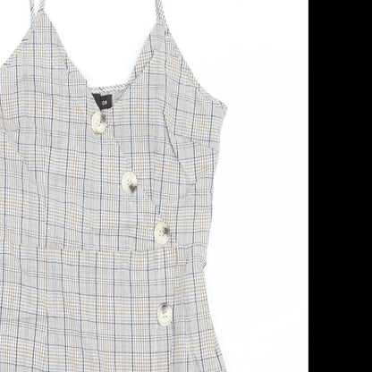 QED London Womens Beige Plaid Cotton Pencil Dress  Size 12  V-Neck Zip