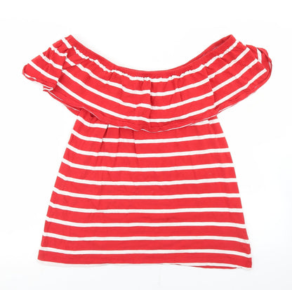 Beach Lunch Lounge Womens Red Striped Cotton Basic T-Shirt Size M Off the Shoulder