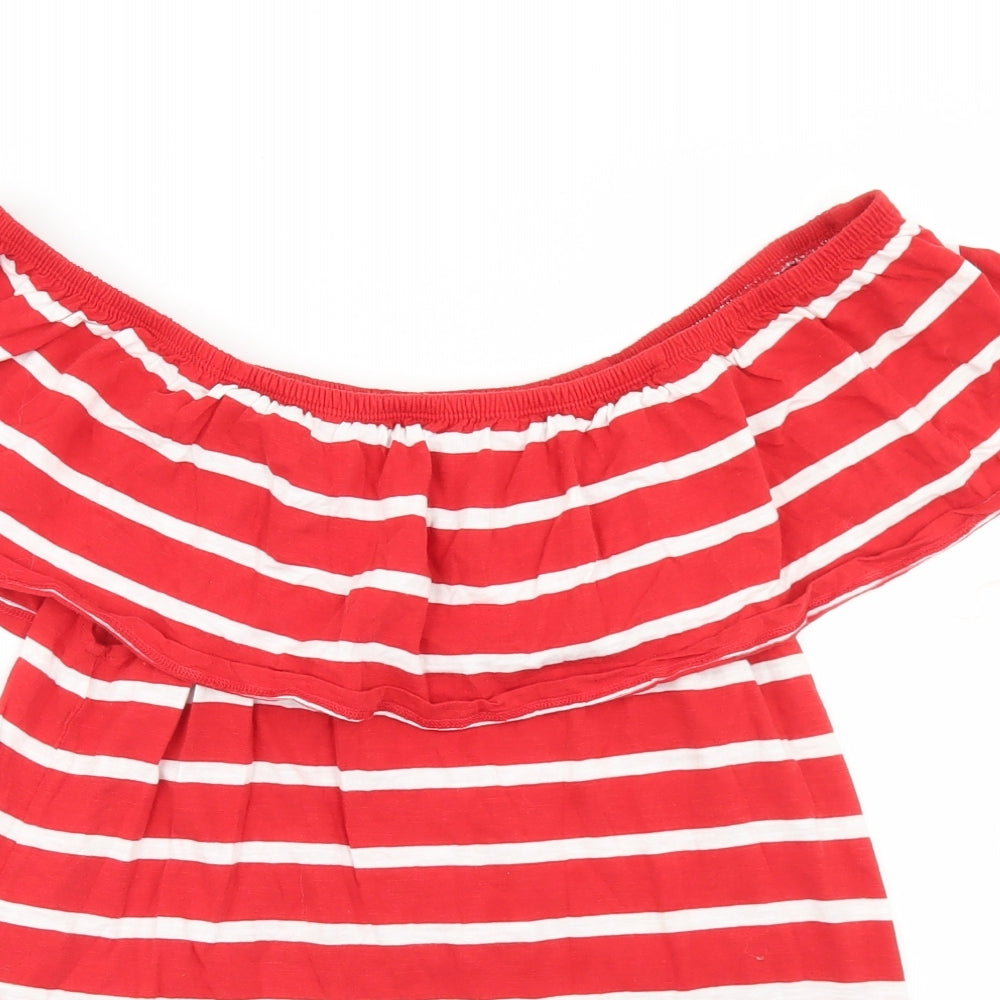 Beach Lunch Lounge Womens Red Striped Cotton Basic T-Shirt Size M Off the Shoulder