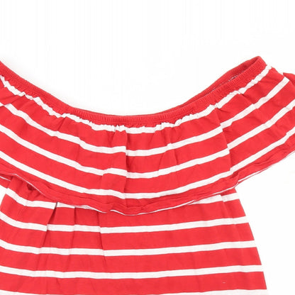 Beach Lunch Lounge Womens Red Striped Cotton Basic T-Shirt Size M Off the Shoulder