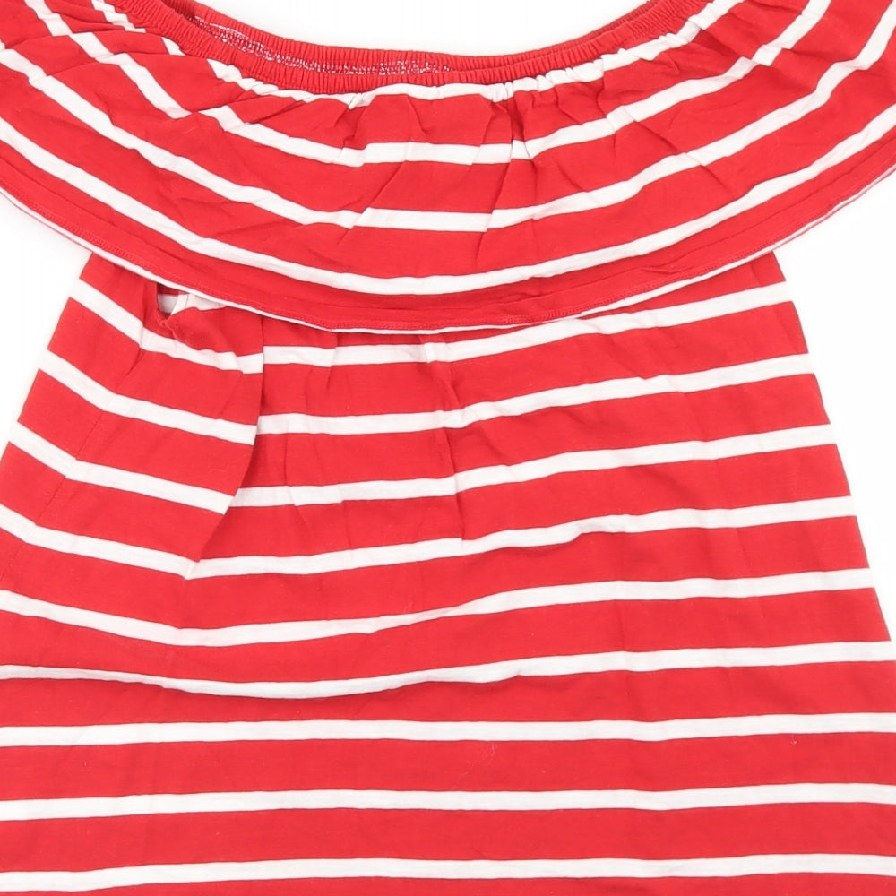 Beach Lunch Lounge Womens Red Striped Cotton Basic T-Shirt Size M Off the Shoulder