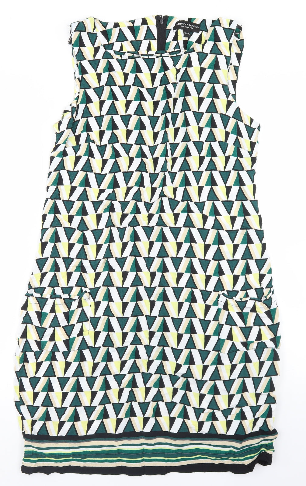 Dorothy Perkins Womens Green Geometric Viscose A-Line  Size 12  Round Neck Zip