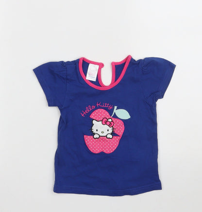 BHS Girls Blue  100% Cotton Pullover T-Shirt Size 12-18 Months Round Neck Button - Hello Kitty