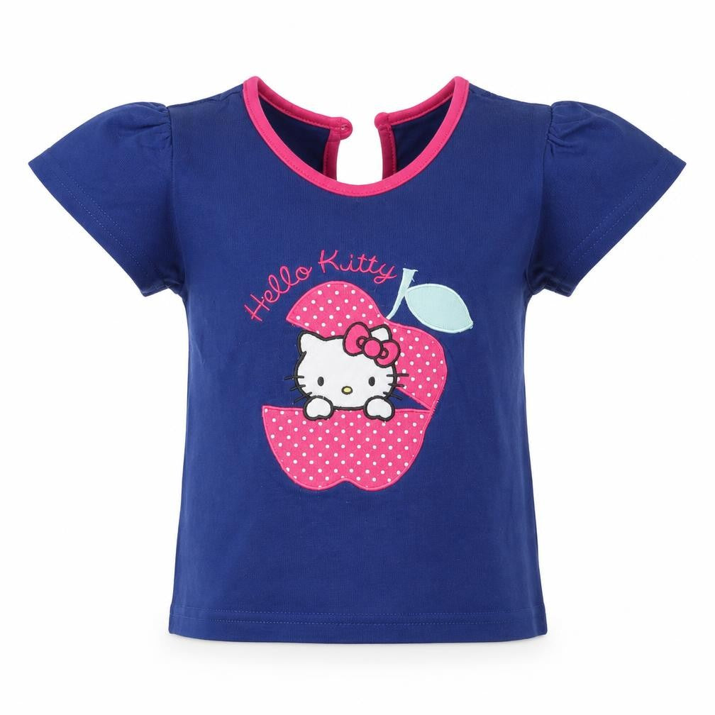 Front view of BHS girls’ blue 100% cotton pullover t-shirt, size 12-18, months round neck button - hello kitty
